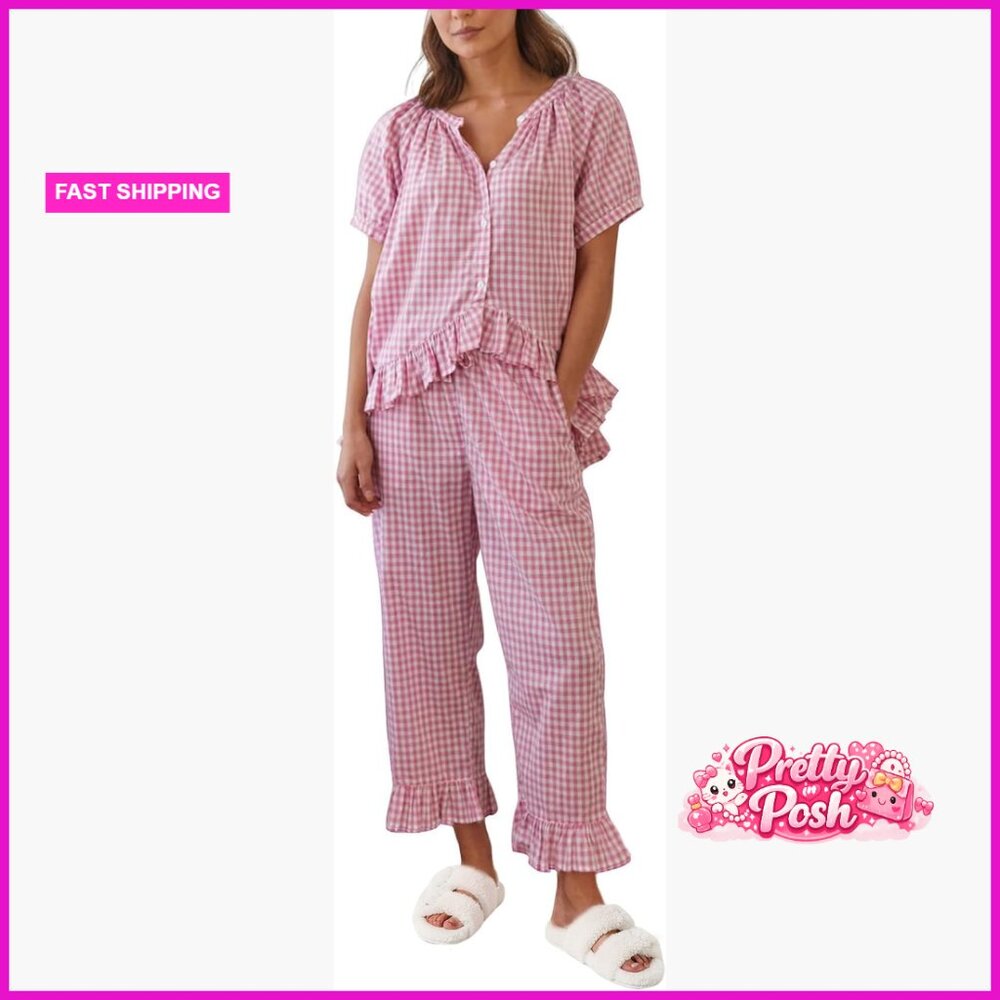 Cotton Gingham Pajama Set With Babydoll Top And Lounge Pants